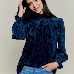 Tucker Stella Top Indigo Safari in Crepe de Chine Silk Blouse Mock Neck